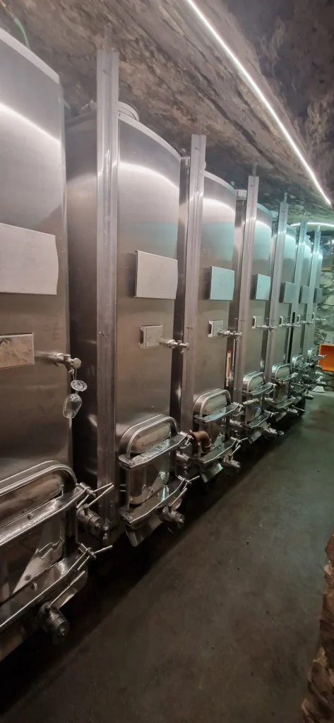Enfilade de cuves inox 316L Métalinox installées dans une cave voutée