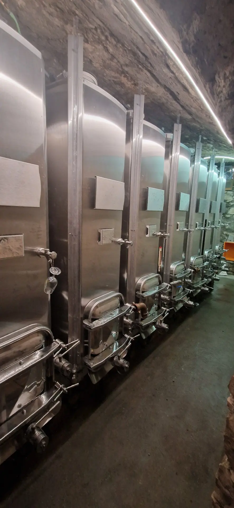 Enfilade de cuves inox 316L Métalinox installées dans une cave voutée