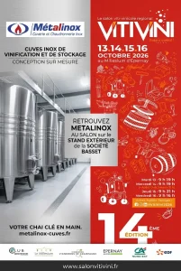 Affiche Métalinox au salonVitiVini d'Epernay-cuves inox de vinification et de stockage sur le stand de la société Basset