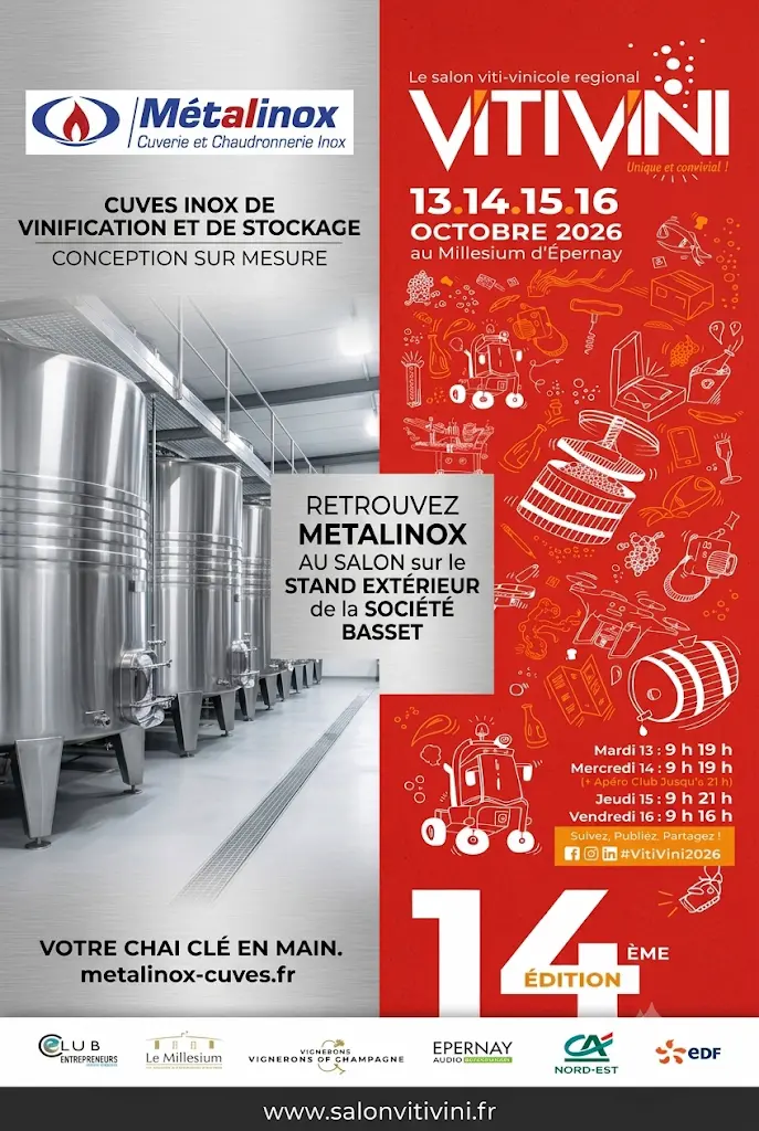 Affiche Métalinox au salonVitiVini d'Epernay-cuves inox de vinification et de stockage sur le stand de la société Basset
